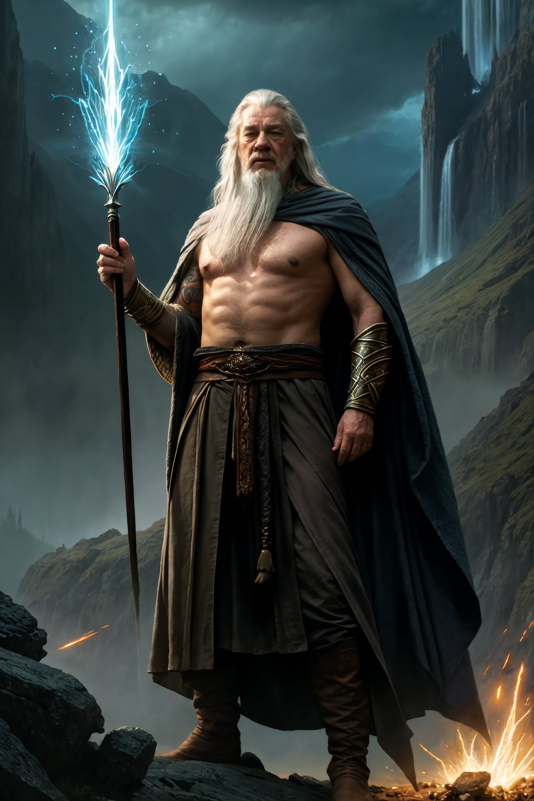 handsome tattooed gandalf topless wizard, lightning magic spell vfx, diagonal spell vfx, fantasy game spell, fantasy epic digital art, by greg rutkowski, gaston bussiere, craig mullins, j. c. leyendecker, tom of finland