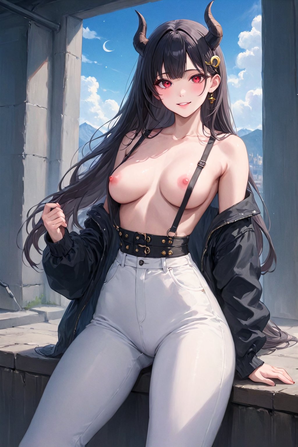 1girl, black footwear, black jacket, blush, character name, cloud9, collarbone, commission, constellation, crescent, crescent hair ornament, crop top, dragon girl, dragon horns, english commentary, fur trim, hair ornament, high-waist pants, horns, jacket, long hair, off shoulder, pants, parted lips, red eyes, smile, solo, sumi (suumiko ), suspenders, thigh strap, very long hair, vienna (vtuber), virtual youtuber, white pants, basement, best quality, amazing quality, very aesthetic, incredibly absurdres, (best quality, 4k, 8k, highres, masterpiece, absurd, raytracing:1.2), absurdres, very aesthetic, (perfect hands, perfect anatomy), The highest image quality, excellent detail, ultra-high resolution, best illustration, attention to detail, detailed hands, expressive eyes, detailed eyes, detailed face, highly detailed