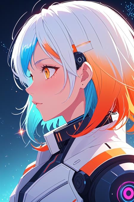 white hair, blue hair, orange hair, gradient hair, orange eyes, profile picture, cyberpunk background, robotic, hair flowing over, volumetric lighting, light particles, sparkling eyes, dystopian, colorful