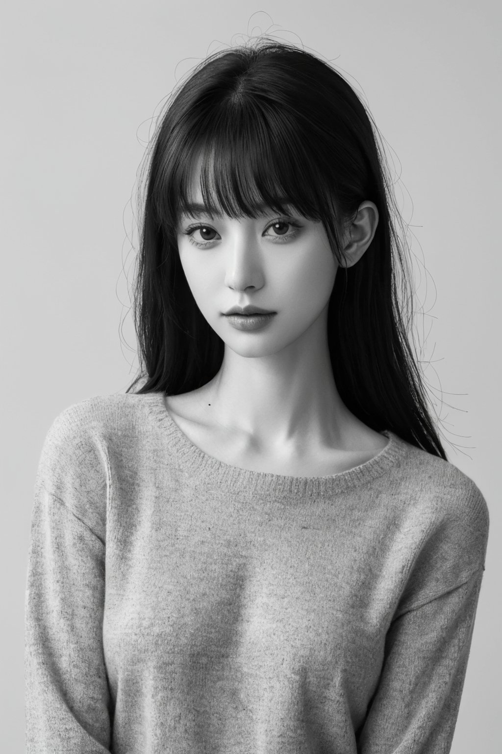 1girl,solo,greyscale,monochrome,looking at viewer,realistic,sleeves past wrists,watermark,lips,bangs,long sleeves,closed mouth,grey background,web address,long hair,upper body,sweater,simple background,nose,<lora:heibai_20231113120702:0.5>,