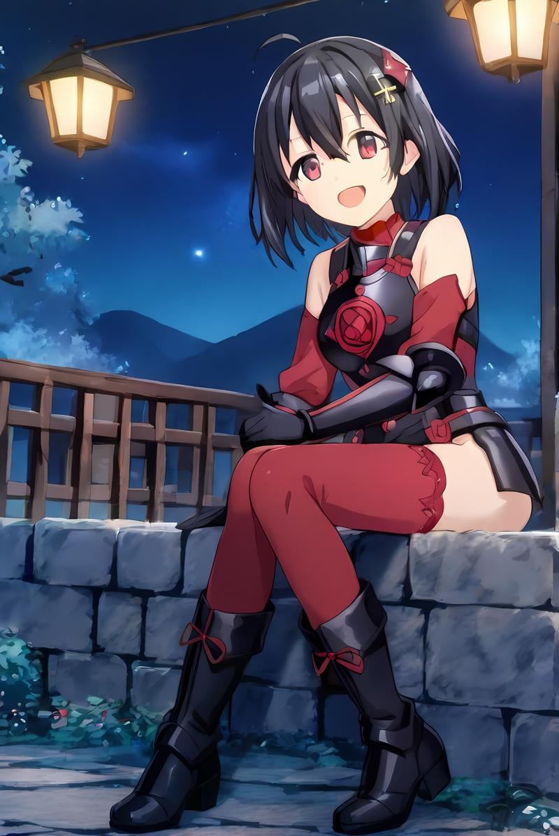 (black armor black gloves black boots red sleeves red thighhighs),  bof-maple,  black hair by Ttan on Tensor.Art