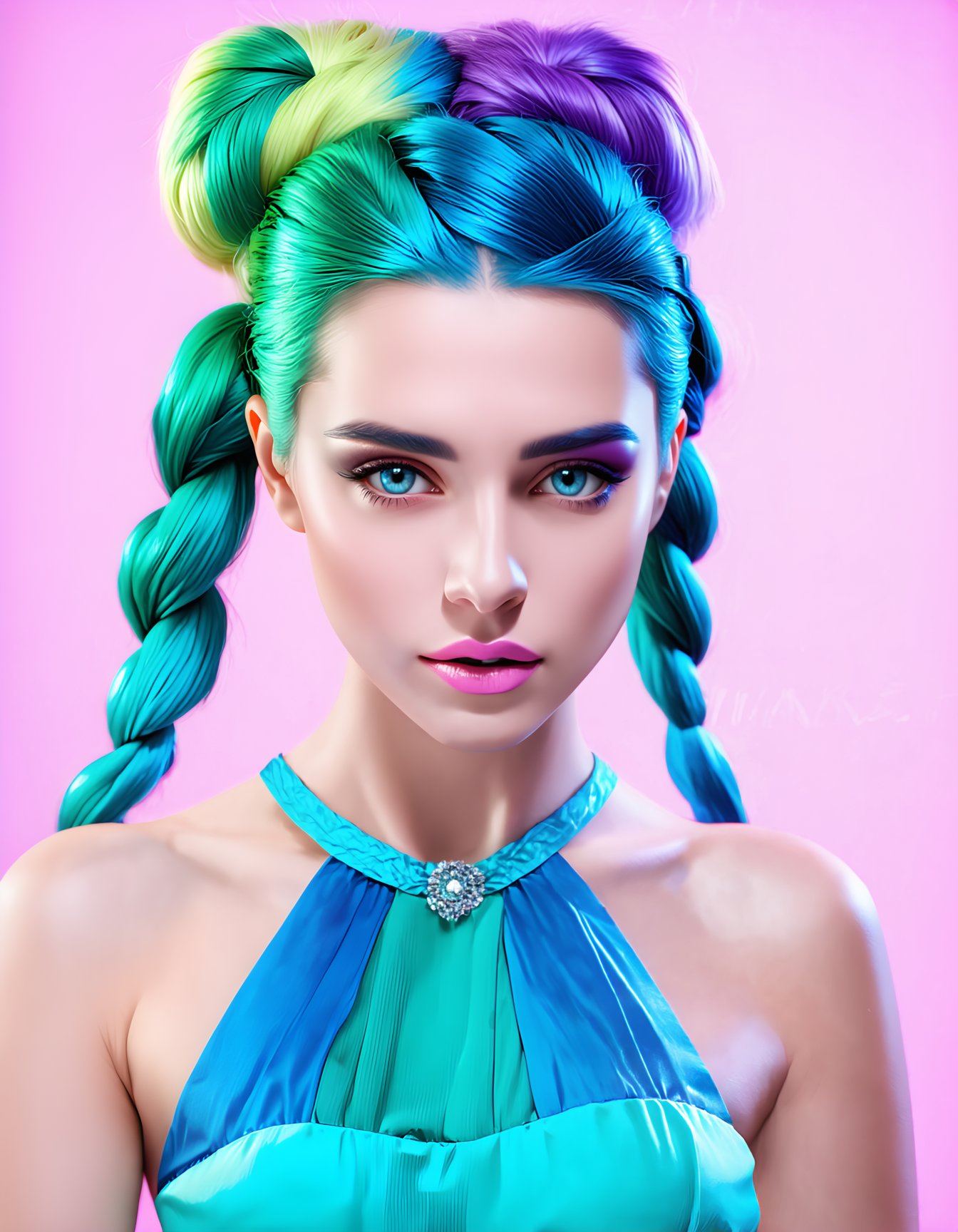 (best quality, 4k, 8k, highres, masterpiece), ultra-detailed, face makeup, woman, long hair, looking at viewer, blue eyes, simple background, blue hair, collarbone, braid, multicolored hair, hair bun, two-tone hair, twin braids, lips, double bun, aqua hair, portrait, forehead, realistic, makeup_slider_v1_sd3m.safetensors