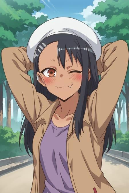 score_9, score_8_up, score_7_up, source_anime, <lora:nagatoro-multi-outfit_epoch_8:1> nagatoro hayase, outfit-artist, blush, solo, dark skin, brown eyes, tree, shirt, dark-skinned female, one eye closed, black hair, hairclip, earclip, 1girl, holding, looking at viewer, beret, skin fang, smile, hat, white headwear, fang, hair ornament, long hair, purple shirt, light brown jacket, open jacket, cowboy shot, arms behind head, 