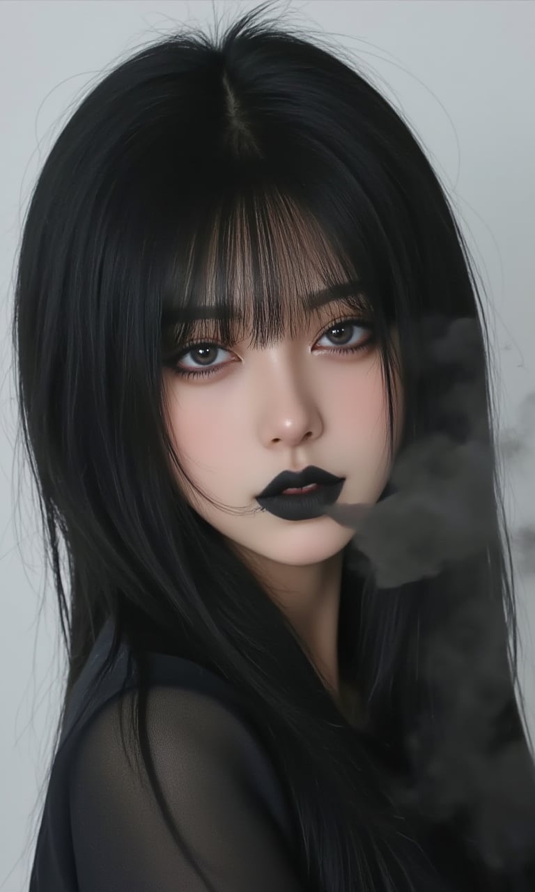 This is a real high-definition photo,fashion portrait,close-up portrait,a Chinese girl **** of black smoke,dynamic vision,bailing_darkness,black smoke,(1girl),Vaguely a girl **** of smoke., white background,<lora:网图-MYH-2:0.9>