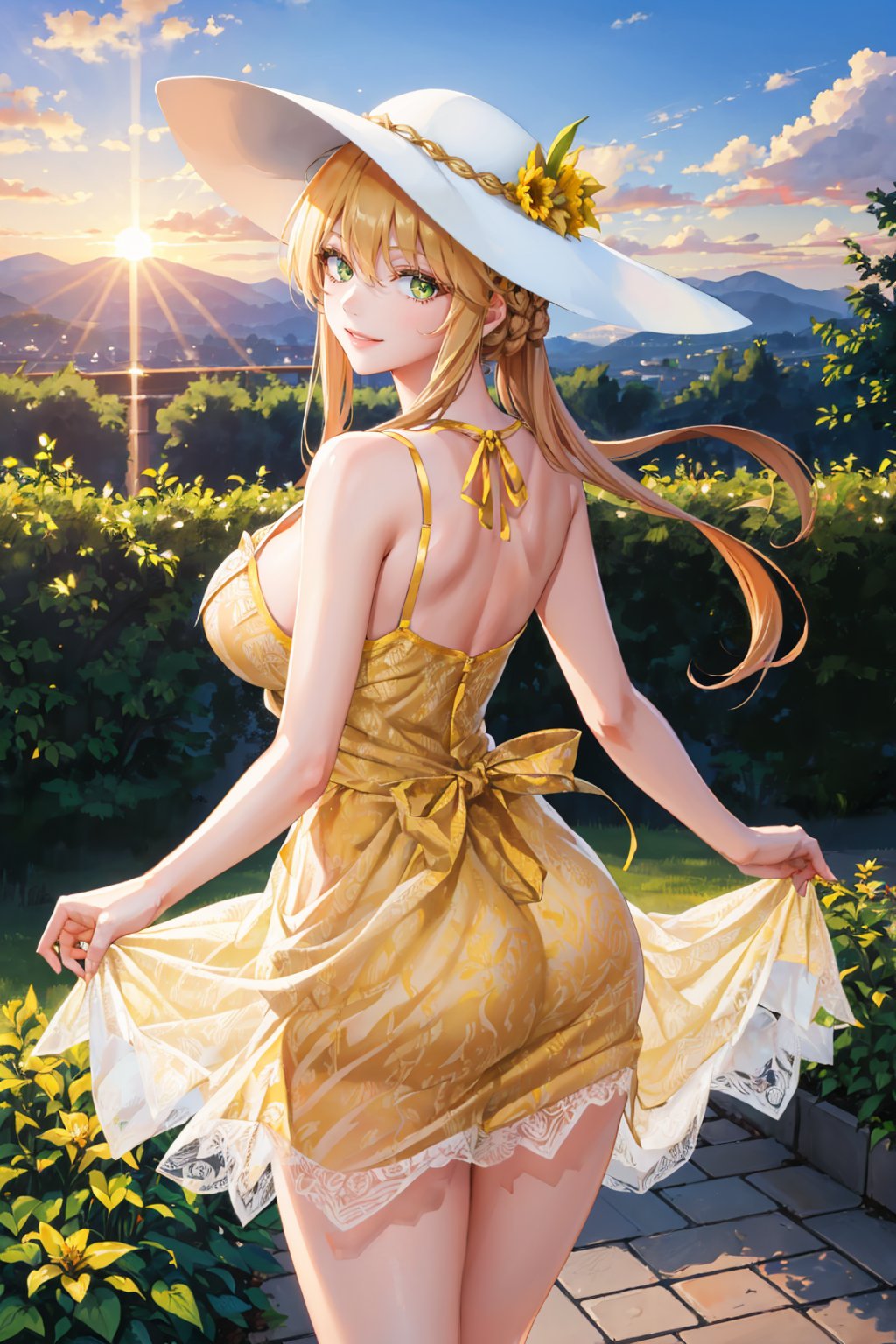 masterpiece, best quality, 1girl, <lora:artoriaruler-nvwls-v1-000009:0.9> 2ndruler, green eyes, french braid, sun hat, (yellow sundress:1.5), sundress, from behind, garden, sunset, smile, looking at viewer, huge breasts