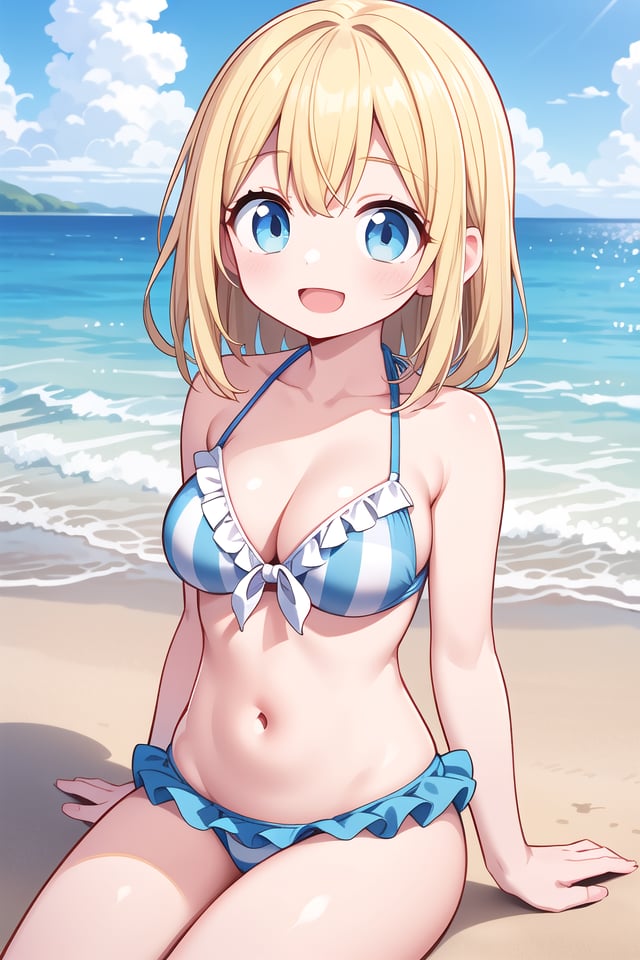 insanely detailed, absurdres, ultra-highres, ultra-detailed, best quality,(wearing pastel blue pink bikini with checked pattern with frills:1.3),1 girl, solo, happy smile, laugh, open mouth,BREAKsitting on beach, dynamic pose, cowboy shot, looking at viewer,slender, kawaii, perfect symmetrical face, ultra cute girl, ultra cute face, ultra detailed eyes, ultra detailed hair, ultra cute, ultra beautiful,BREAKbeach, coast, ocean, blue sky, cloud, outdoor, ultra detailed background,large breasts, cleavage, (blonde medium hair, blue eyes:1.2)