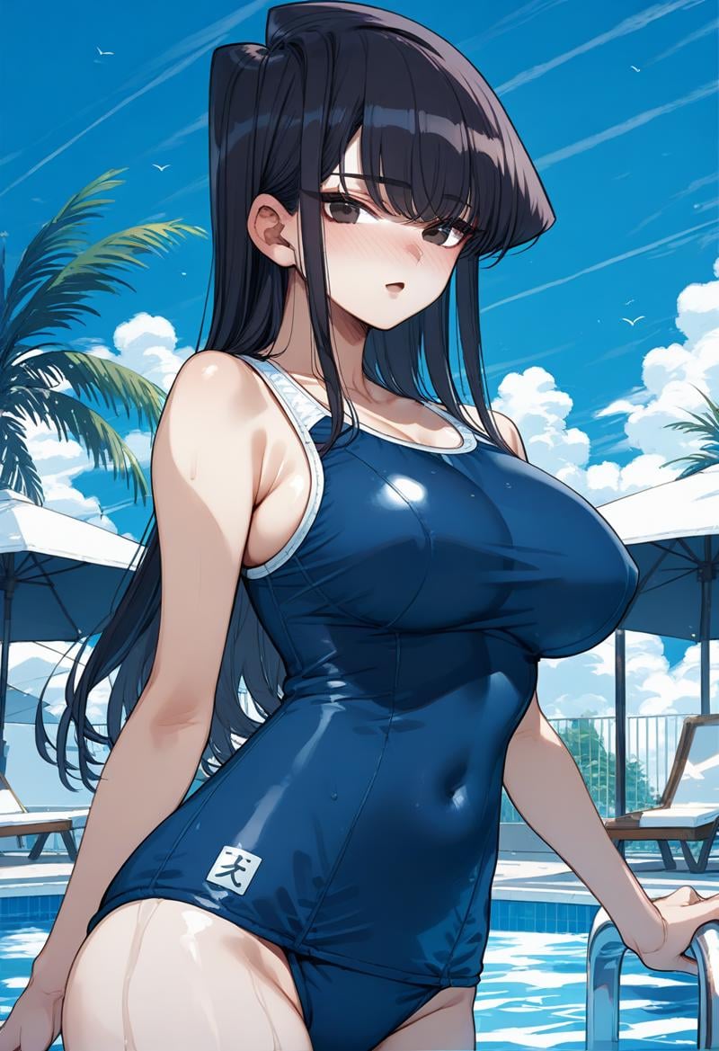 1girl, solo, (pool:1.2), (sky:1.2), (cowboy shot:1.4), (nose blush:1.2), open mouth, looking at viewer, large breasts, komi_shouko, black eyes, black hair, long hair, school swimsuit, blue swimsuit,  <lora:komi_shouko_pony_ver2:0.8>, score_9, score_8_up, score_7_up, source_anime, best quality, uncensored,