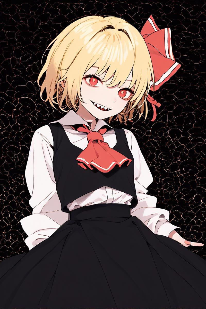 score_9, score_8_up, score_8, score_9, 1 girl, source_anime, black vest, white shirt, long sleeves, black skirt, blonde hair, red eyes, red ascot, hair ribbon, rumia, small breasts, short hair, <lora:rumia_pony-10:1>,  smile, sharp teeth,  <lora:PossumMachine:0.8> posmach <lora:rustle_pony_v1:0.8>, black background, (darkness)