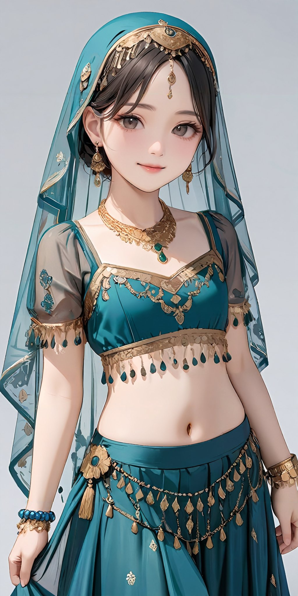 masterpiece,ultra-detailed,best quality,,8K,illustration,simple background,girl,cowboy shot,cute face,<lora:add-detail-xl:1> <lora:berry dance_XL_V1.0:0.5> jyojifuku, veil, bracelet, earrings, necklace, see-through,navel