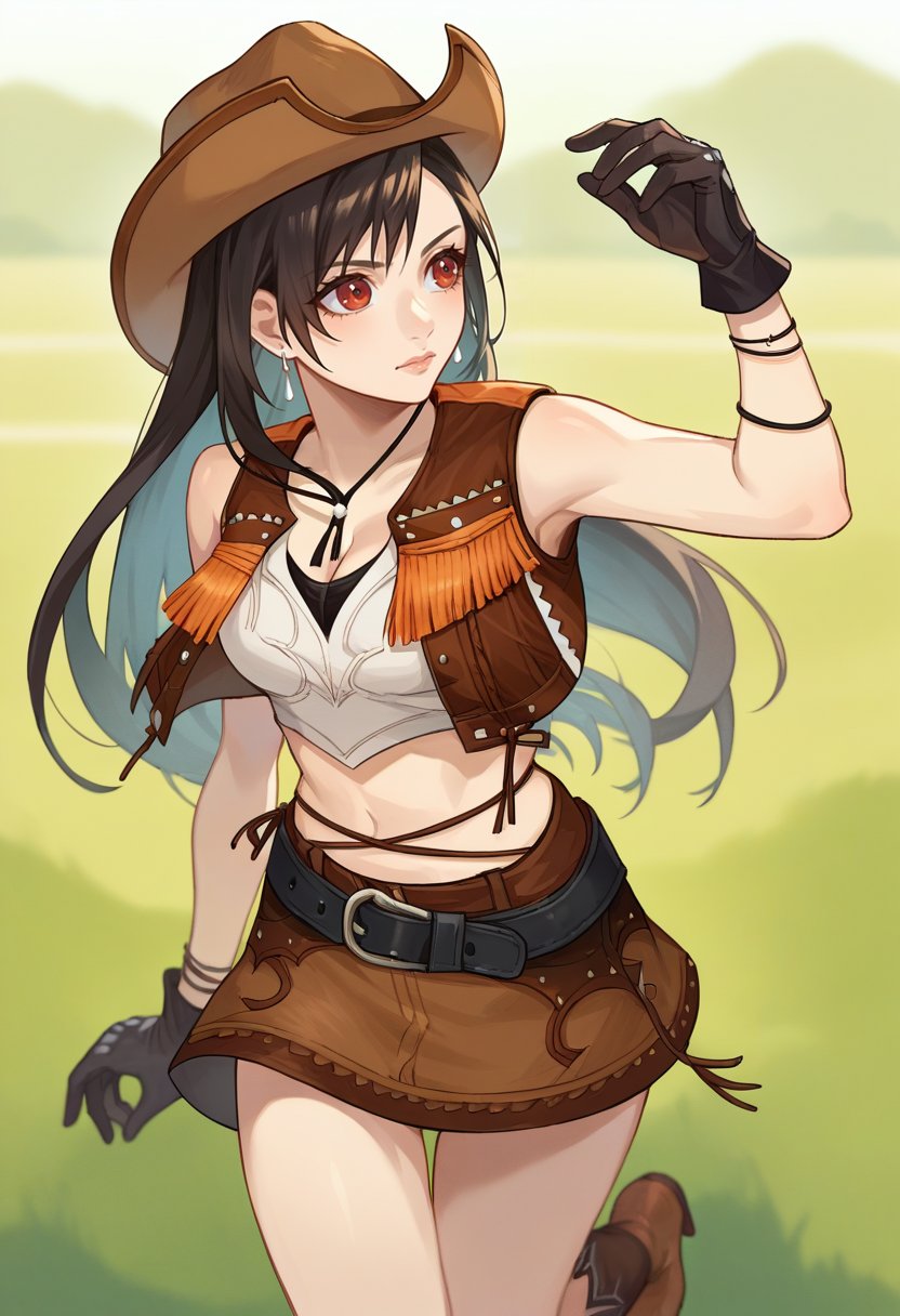 score_9, score_6_up, source_anime, 1girl, solo, tifa_wildwest, long hair, cowboy hat, brown vest, crop top, cleavage, brown skirt, belt, black gloves, earrings, fringe trim, cowboy boots  <lora:tifaXL:1>