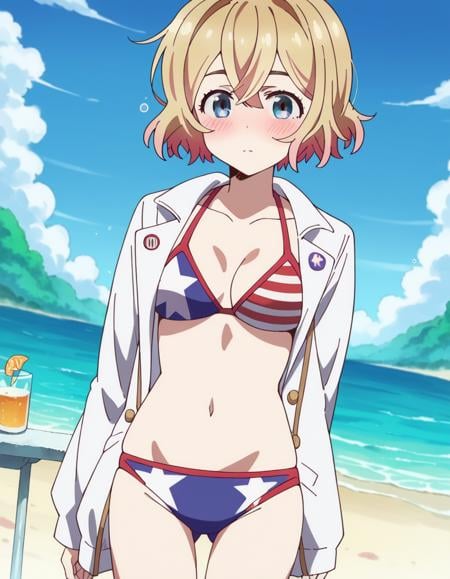 score_9, score_8_up, score_7_up, source_anime,maminanami, <lora:mami-nanami-s1-ponyxl-lora-nochekaiser:1>mami nanami, short hair, aqua eyes, blonde hair, hair between eyes,navel, jacket, swimsuit, bikini, white jacket, flag print, american flag bikini,outdoors, beach, on side, blush, drunk,looking at viewer, dutch angle, cowboy shot