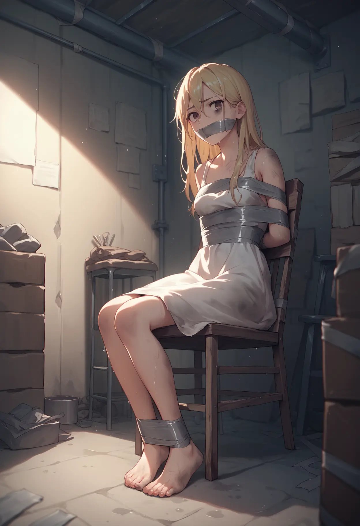 score_9, score_8_up, score_7_up, score_6_up, source_anime, 1girl, basement, dimly lit, dark,blonde hair, dress, long hair, duct tape, restrained,dirty, chair, sitting, tied, wet hair, looking at viewer, gagged,<lora:basement_v0.2-pony:1>