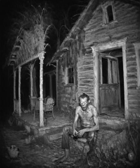 Camera trap, monochrome, A man is sitting on the porch of an old house, horror   <lora:Camera trap:1>