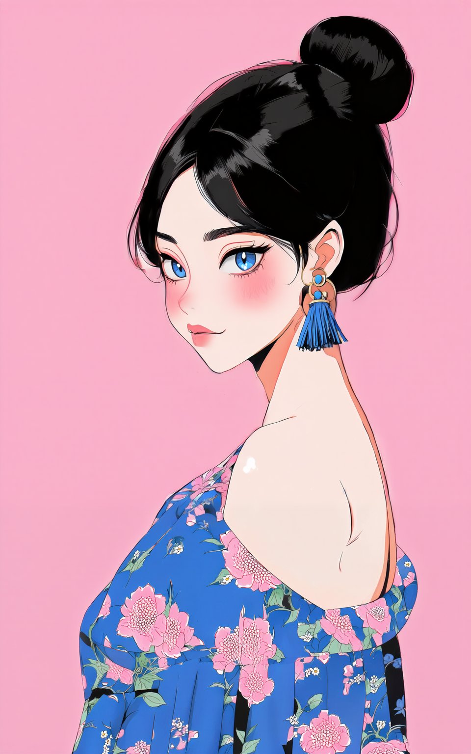 anime style, 1girl,looking at viewer,blush,blue eyes,simple background,black hair,dress,bare shoulders,jewelry,earrings,parted lips,sleeveless,hair bun,double bun,makeup,sleeveless dress,blue dress,chinese clothes,pink background,tassel,china dress,eyeshadow,tassel earrings,print dress