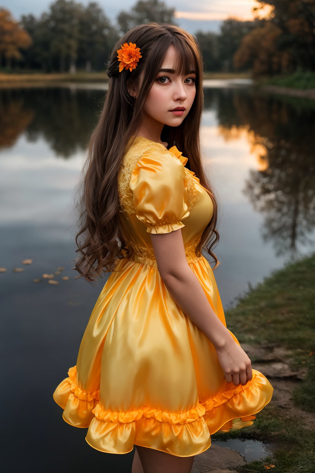 masterpiece, highly detailed 8k, best quality, volumetric lighting, volumetric lighting, intricate, Gray very long hair young woman in Bright Yellow rfdrss, Infuriated, Halloween Orange eyes, Calm Lake Reflections background <lora:ruffled dress v4.3-000007:1>