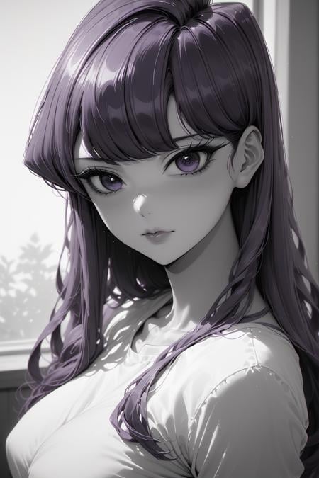 colorvsgrey, score_9, score_8_up, score_7_up, BREAK, 1girl, monochrome, komi-san wa komyushou desu, komi shouko, purple eyes, purple hair, <lora:Color-VS-Grey Pony&XL_epoch_1:1><lora:Color-VS-Grey Pony&XL_epoch_1:1>