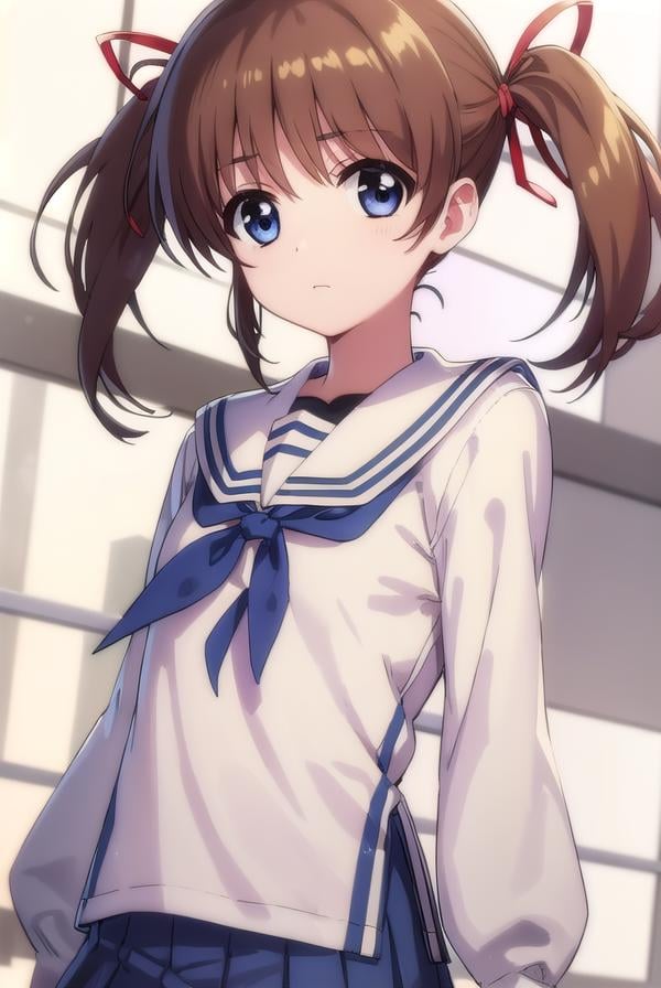 nanohatakamachi, <lora:nanoha takamachi movie2-lora-nochekaiser:1>,nanoha takamachi, takamachi nanoha, brown hair, twintails, blue eyes,BREAK long sleeves, ribbon, school uniform, serafuku, long sleeves, red ribbon, white sailor collar,BREAK indoors, classroom,BREAK looking at viewer, (cowboy shot:1.5),BREAK <lyco:GoodHands-beta2:1>, (masterpiece:1.2), best quality, high resolution, unity 8k wallpaper, (illustration:0.8), (beautiful detailed eyes:1.6), extremely detailed face, perfect lighting, extremely detailed CG, (perfect hands, perfect anatomy),