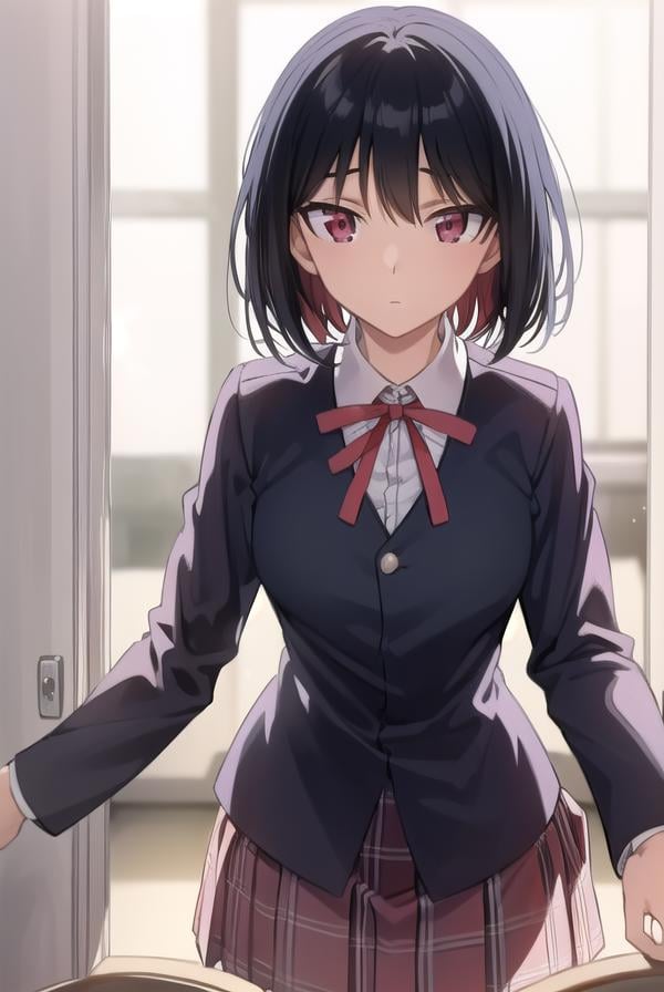 yakumotsukamoto, <lora:yakumo tsukamoto s2-lora-nochekaiser:1>,yakumo tsukamoto, short hair, black hair, (red eyes:1.3),BREAK skirt, shirt, long sleeves, bow, ribbon, school uniform, white shirt, pleated skirt, collared shirt, bowtie, red ribbon, neck ribbon, red skirt,BREAK indoors, classroom,BREAK looking at viewer, (cowboy shot:1.5),BREAK <lyco:GoodHands-beta2:1>, (masterpiece:1.2), best quality, high resolution, unity 8k wallpaper, (illustration:0.8), (beautiful detailed eyes:1.6), extremely detailed face, perfect lighting, extremely detailed CG, (perfect hands, perfect anatomy),