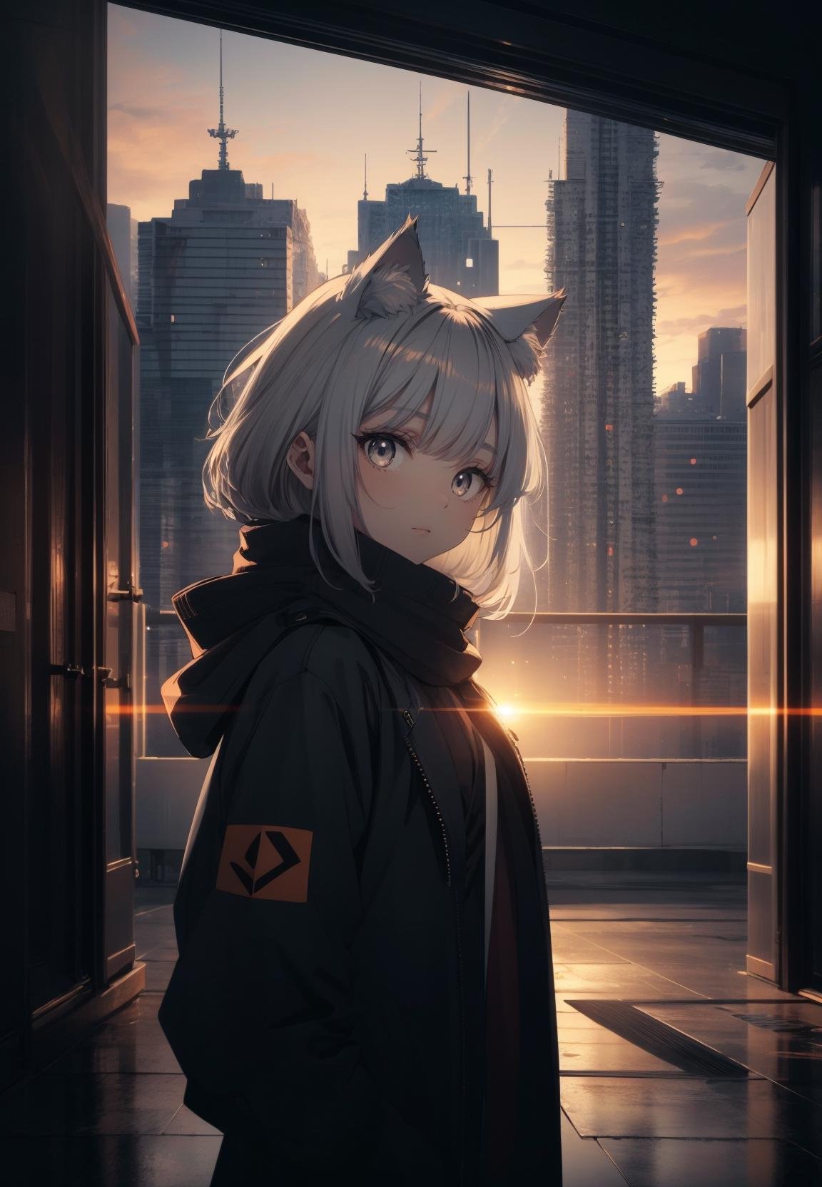 a anime character with a cat ears on her head in a hallway, Aya Goda, anime art style, cyberpunk art, furry art, 1girl, animal_ears, bangs, black_jacket, black_scarf, building, city, jacket, long_hair, long_sleeves, looking_at_viewer, orange_eyes, outdoors, solo_focus, sunset, upper_body