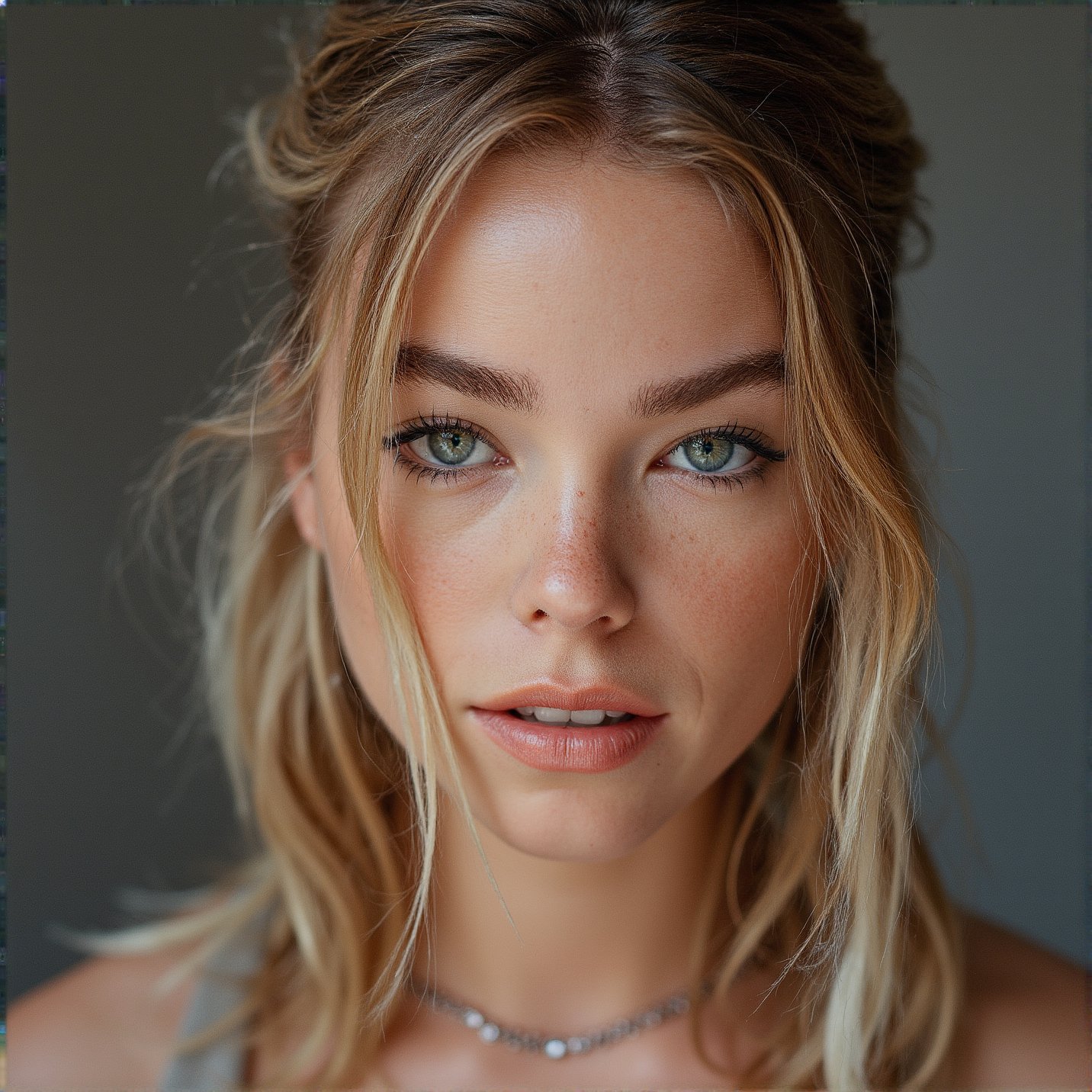 Breathtaking over the shoulder shot photography of ohwx looking at viewer,  imperfections,  necklace by JuiiceBox on Tenso...