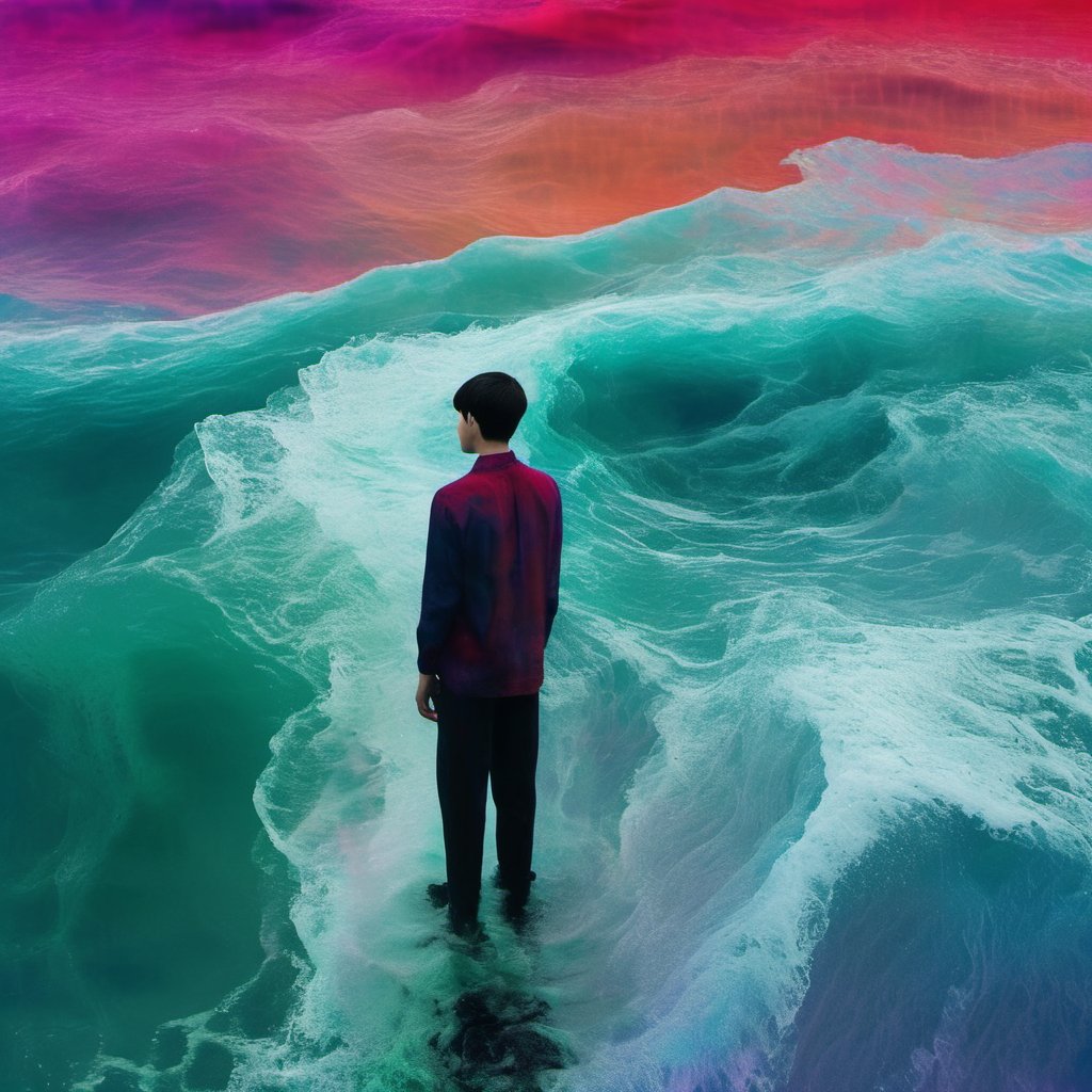 zailus,solo,short hair,black hair,1boy,standing,male focus,water,ocean,wide shot,waves,colorful,surreal,<lora:lora-000008:1>,