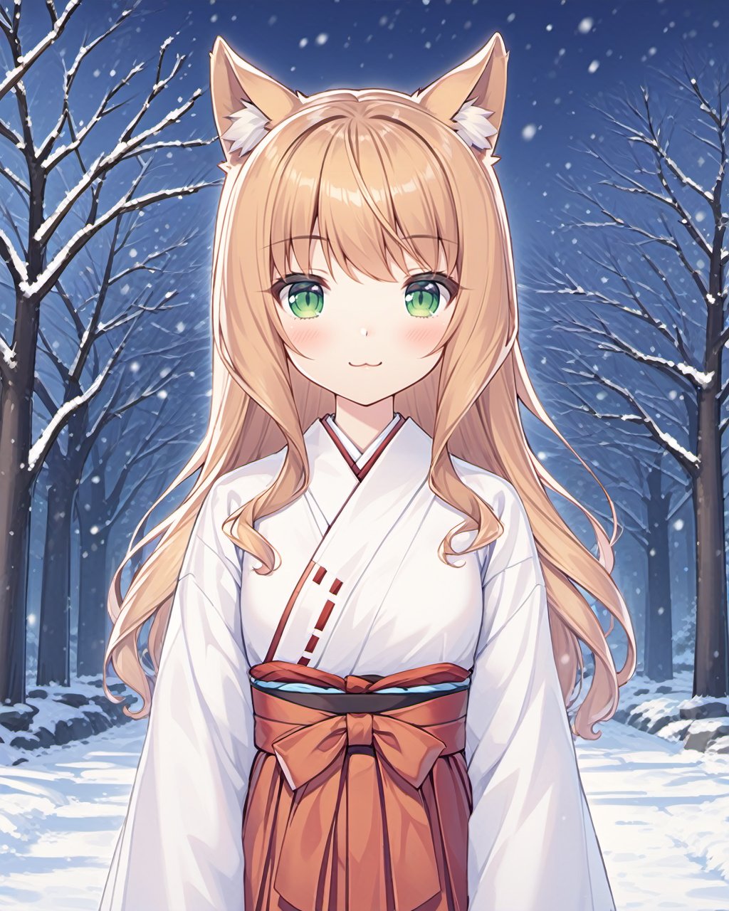 <lora:SDXL-Nekopara-Base-Lora-000002:0.75>,nekopara, Maple_\(nekopara\), Nekopara_Maple, 1girl, japanese_clothes, solo, animal_ears, miko, long_hair, green_eyes, snow, torii, :3, blonde_hair, hakama, skirt, outdoors, hakama_skirt, red_hakama, snowing, wide_sleeves, animal_ear_fluff, blush, looking_at_viewer, long_sleeves, kimono, ribbon-trimmed_sleeves, ribbon_trim, smile, bangs, white_kimono, closed_mouth, tree, bare_tree, sky, winter, day