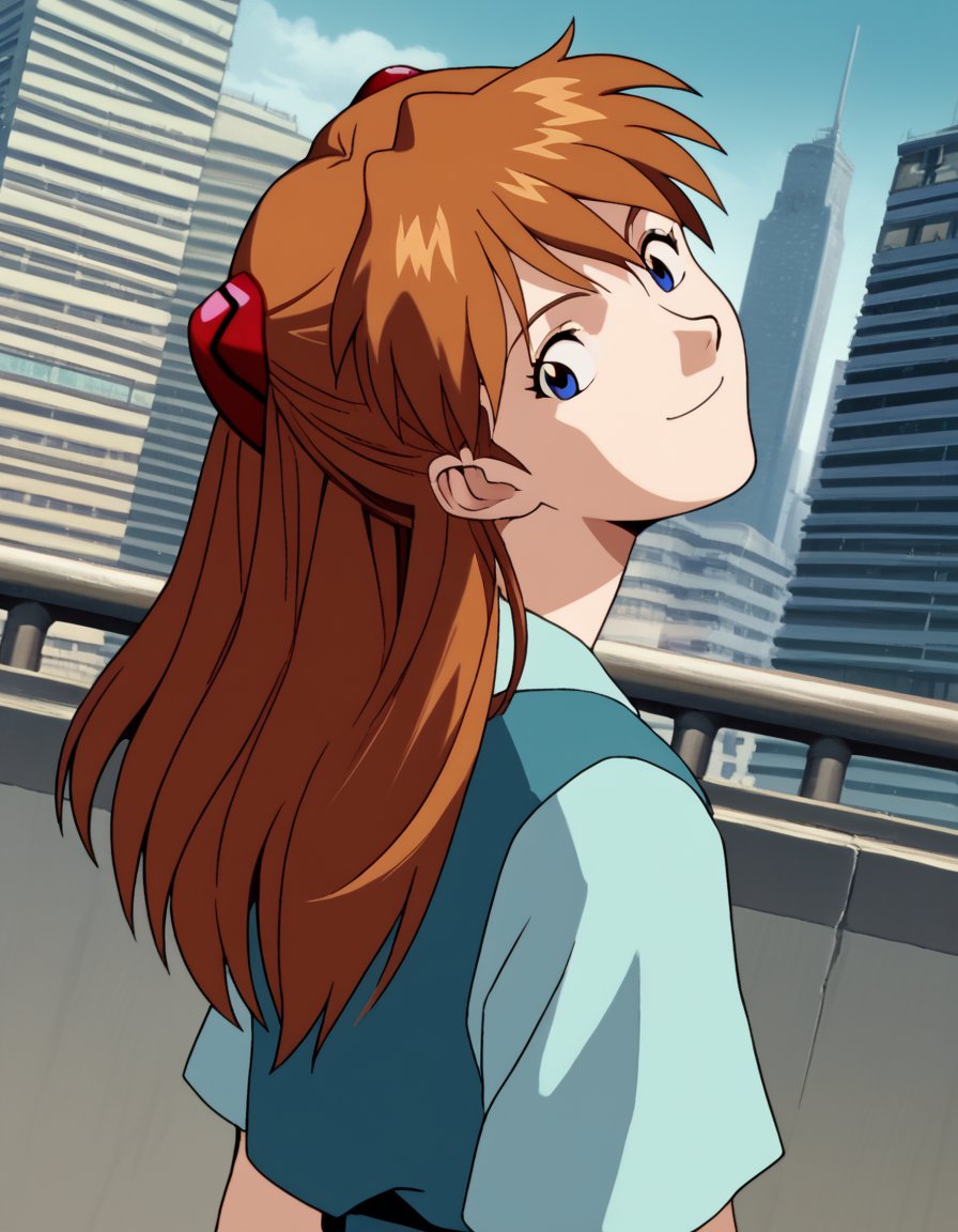 score_9, score_8_up, score_7_up, source_anime, asukalangleysoryu, <lora:asuka-langley-soryuu-classic-ponyxl-lora-nochekaiser:1>, asuka langley soryu, long hair, bangs, blue eyes, brown hair, hair ornament,, <lora:shaft-look-ponyxl-lora-nochekaiser:1>, shaft look, looking back, from behind, head tilt,, cityscape, street, smile,, cowboy shot, dutch angle, solo,