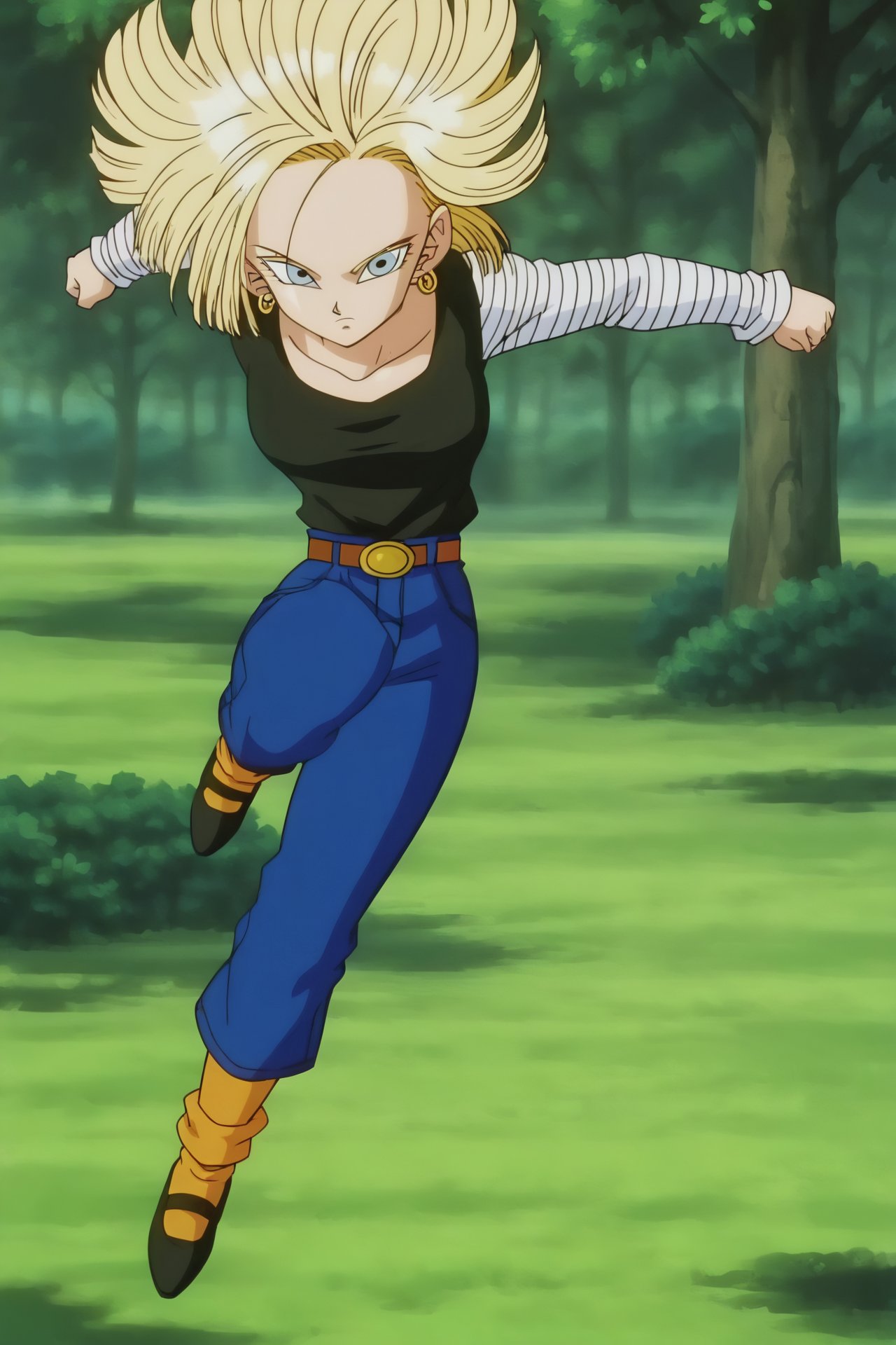 source_anime, score_9, score_8_up, score_7_up, anime screencap,detailed face, android 18, buu saga, , 1girl, solo, looking at viewer, short hair, blue eyes, blonde hair, collarbone, field, trees, forest, full body, hovering, midair, black shirt, long sleeves, striped sleeves, hoop earrings, shoes, orange socks, belt, high waist pants, jumping, floating, floating hair, <lora:c18_pony_v1:0.8>