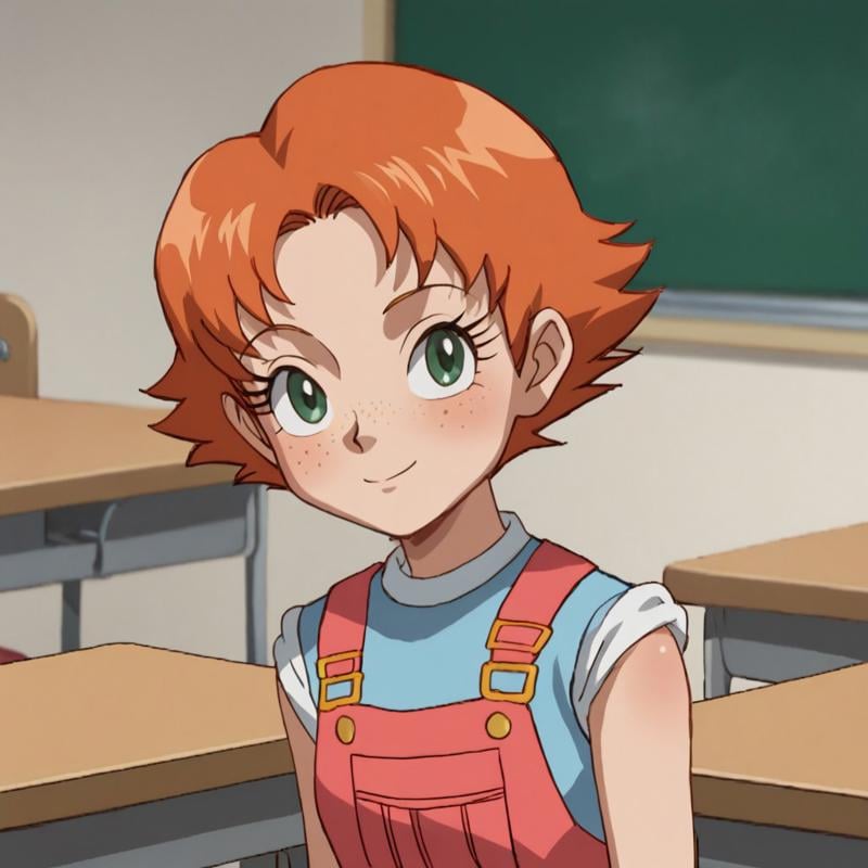 score_9, score_8_up, score_7_up, BREAK, solo, cute, frances_sonicx, short hair, orange hair, green eyes, freckles, overalls, classroom