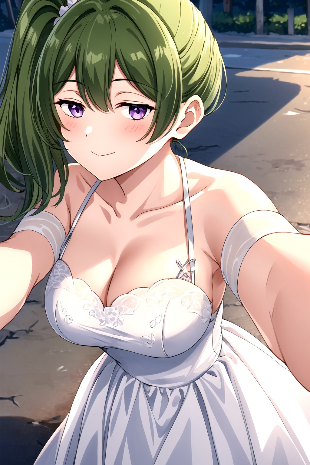 (masterpiece, best quality, highres, dynamic lighting), <lora:add_detail:0.4>, looking at viewer, blush, closed mouth, happy, mature female, large breasts, looking at viewer, outdoors, <lora:ubel-10:0.7>, ubel, side ponytail, wedding dress, taking picture, reaching out, selfie