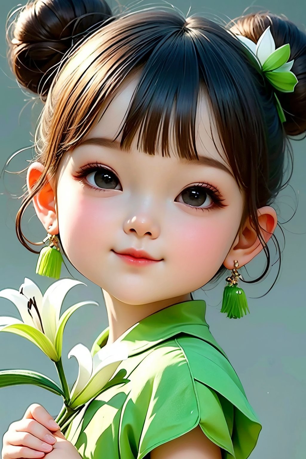 <lora:cka01:0.8>,cka01, 1girl, solo, earrings, jewelry, hair bun, flower, double bun, holding, holding flower, looking at viewer, white flower, bangs, black eyes, hair ornament, short sleeves, simple background, closed mouth, chinese clothes, smile, brown hair, child, upper body, female child, black hair, flower earrings, hair flower, short hair, realistic, dress, green shirt, tassel, grey background, lily \(flower\), green dress, eyelashes, blunt bangs, best quality, ultra-detailed, masterpiece, finely detail, highres, 8k wallpaper