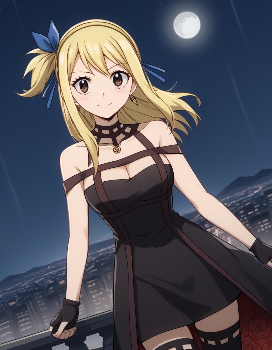 score_9, score_8_up, score_7_up, source_anime, lucyheartfilia, <lora:lucy-heartfilia-s7-ponyxl-lora-nochekaiser:1>, lucy heartfilia, blonde hair, brown eyes, long hair, one side up, ribbon, hair ribbon, blue ribbon,, <lora:yor-briar-cosplay-ponyxl-lora-nochekaiser:1>, yorbriarcosplay, yor briar \(cosplay\), bare shoulders, black dress, black gloves, cleavage, dress, earrings, gloves, gold earrings, hair ornament, hair band, jewelry, bare shoulders, collarbone, fingerless gloves, thighhighs, black thighhighs,, cityscape, night, moon, blush, smile,, cowboy shot, dutch angle, solo,