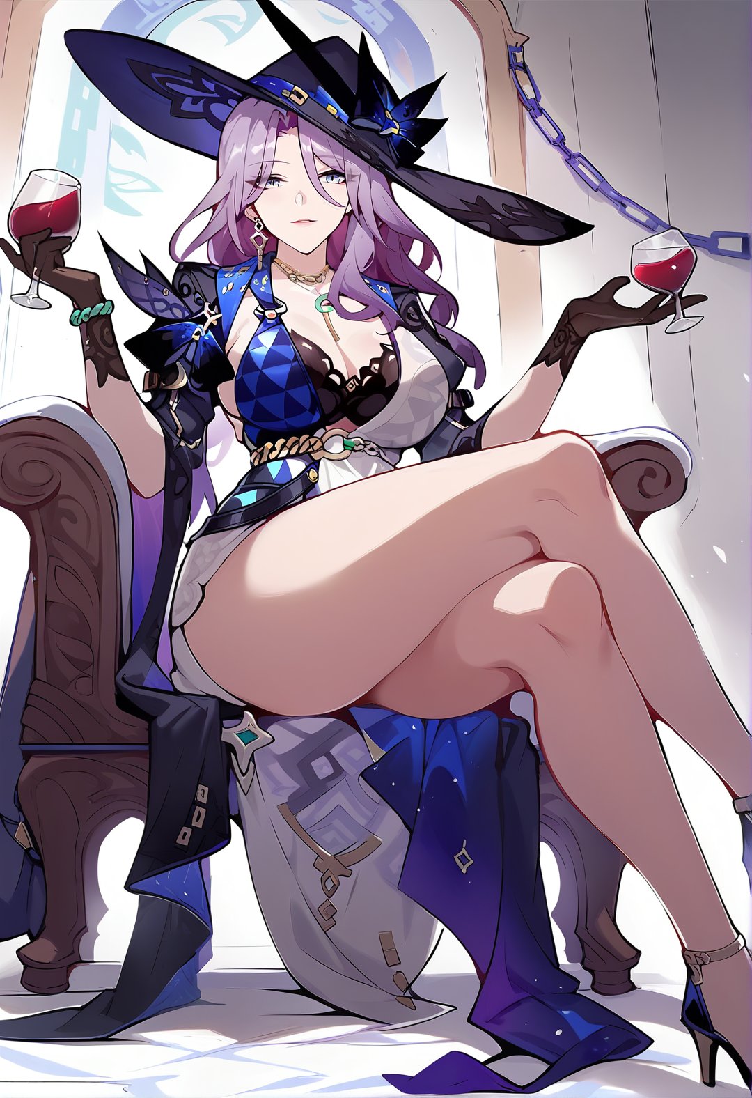 score_9, score_8_up, score_7_up, score_6_up, score_5_up, 1girl, solo, <lora:Jade HSR (v0.1):1>, large breasts, jade_(honkai:_star_rail), long hair, sexy attire, cleavage, necklace, purple hair, blue eyes, black long sleeves, witch, witch hat, gloves, sitting, throne, crossed legs, indoors, room, thighs, high heels, mature female, milf, one wine glass, holding, two-tone dress, blue and white dress,