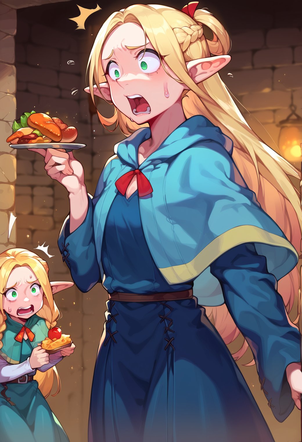 score_9, score_8_up, score_7_up, score_6_up, source anime, BREAK<lora:dungeon_meshi_collection:0.9> ellicrampnxl, marcille donato, 1girl, pointy ears, elf, capelet, dungeon, food, sweat, elf, dress, sweatdrop, robe, surprised, open mouth,