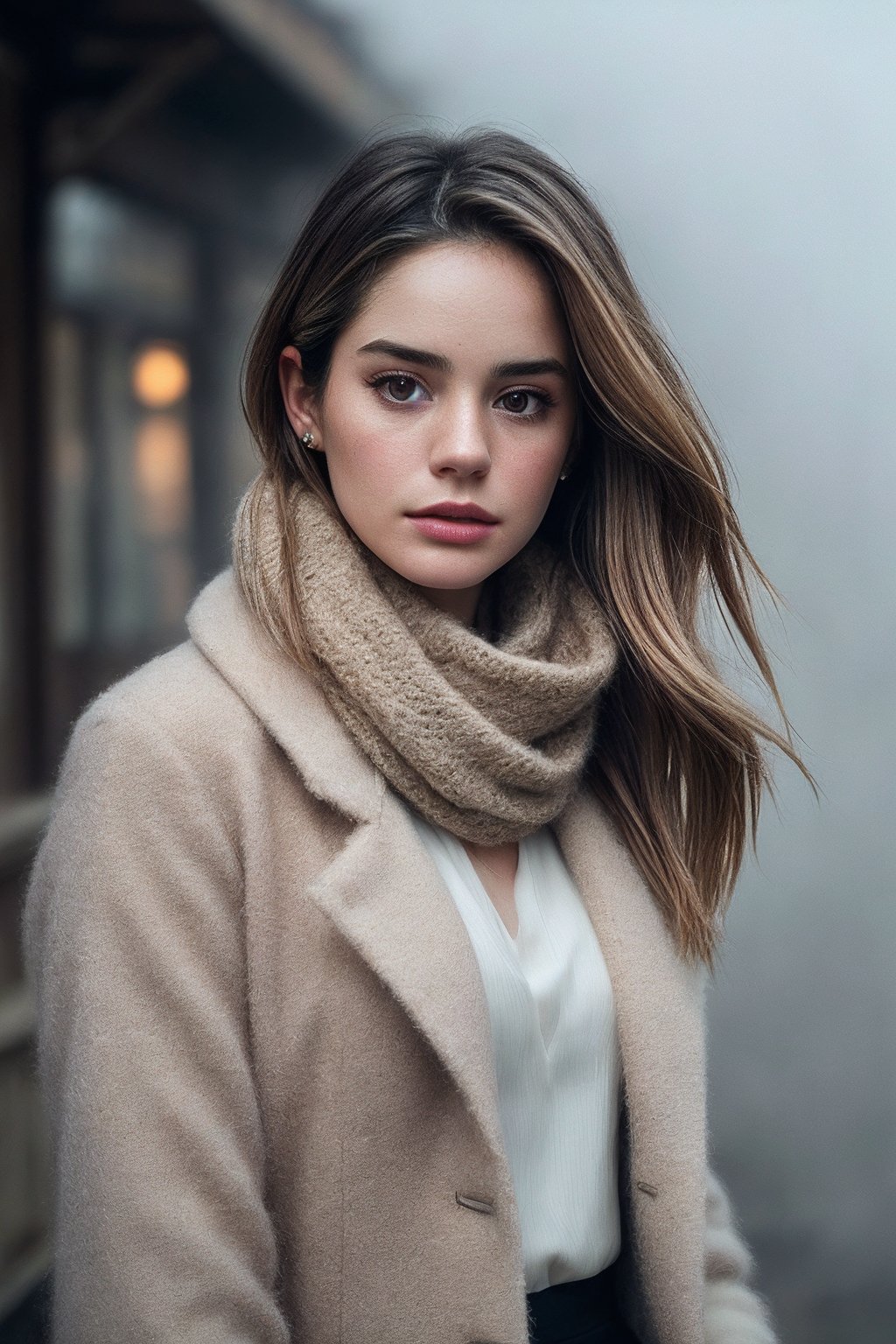 MakenzieR_SoloTI,  (In a soft,  flowing coat with a delicate scarf by Solo on Tensor.Art