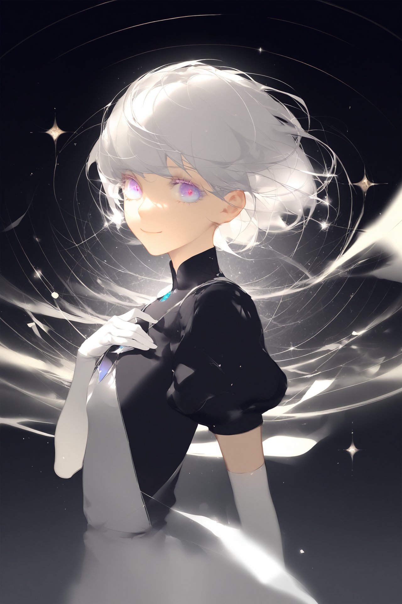 (masterpiece),(best quality),illustration,ultra detailed,hdr,Depth of field,(colorful),loli,[Artist wlop],[Artist ask \(askzy\),diamond \(houseki no kuni\), 1other, gloves, elbow gloves, other focus, solo, gem uniform \(houseki no kuni\), smile, multicolored hair, androgynous, white gloves, short sleeves, looking at viewer, short hair, upper body, shirt, character name, from side, puffy short sleeves, closed mouth, puffy sleeves, multicolored eyes, colored eyelashes, black shirt, sparkle, black background, hand on own chest, white hair,