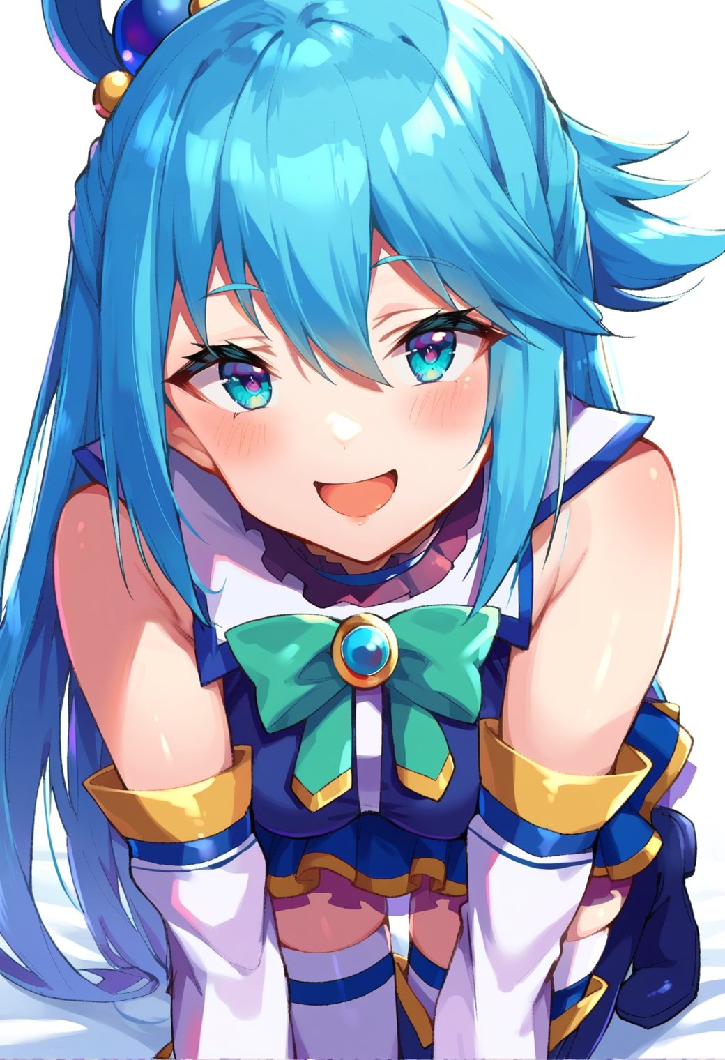 score_9, score_8_up, score_7_up, score_6_up, source anime, BREAK <lora:konosuba_aqua:0.8> auqapnxl, aqua \(konosuba\), 1girl, solo, long hair, thighhighs, looking at viewer, open mouth, smile, blush, boots, all fours, bare shoulders, white thighhighs, blue footwear, thigh boots, single hair ring, hair between eyes, close-up