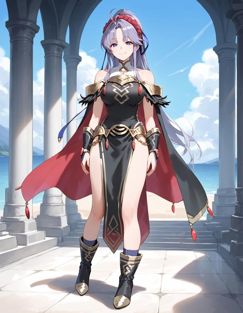 score_9, score_8_up, score_7_up, score_6_up, BREAK source_anime, best quality, masterpiece,1girl,<lora:tailtiu fehPonyXL:0.8>,resplendent tailtiu,cape,gauntlets,black dress,gold belt,side slit,socks,black boots,full body,standing,smile,looking at viewer