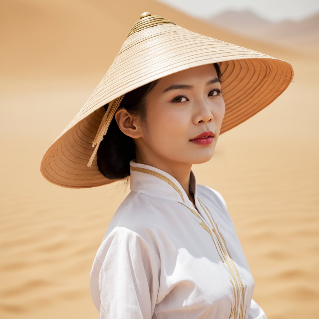 <lora:boh2-000006:1>,  RAW shoot,  close shoot, sA vietnamese woman, 25 years, beautiful face, in a desert, with a traditional vietnamese dress floating in the air and huge vietnamese hat. Style of this picture::1:1 Exact same posture. Scene like an art composition. master level works, high definition, beautiful for printing.::1