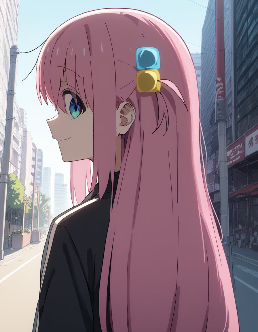 score_9, score_8_up, score_7_up, source_anime, hitorigotou, <lora:hitori-gotou-s1-ponyxl-lora-nochekaiser:1>, hitori gotou, blue eyes, cube hair ornament, hair between eyes, hair ornament, pink hair, one side up, long hair, <lora:shaft-look-ponyxl-lora-nochekaiser:1>, shaft look, looking back, from behind, head tilt,, cityscape, street, smile,, cowboy shot, dutch angle, solo,