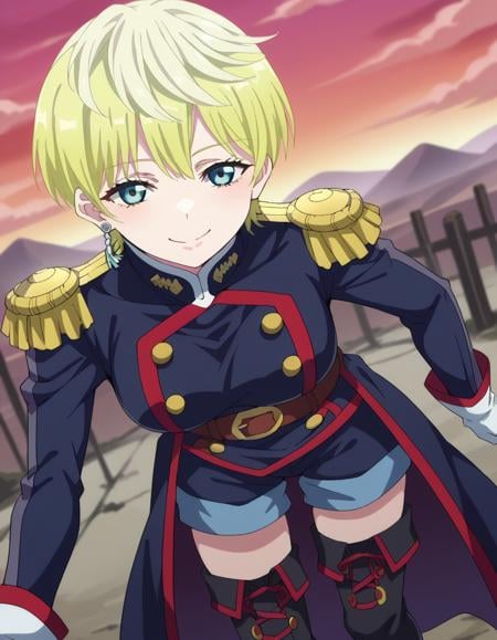 score_9, score_8_up, score_7_up, source_anime,tenkaizumo, <lora:tenka-izumo-s1-ponyxl-lora-nochekaiser:1>tenka izumo, short hair, blue eyes, blonde hair,thighhighs, gloves, jewelry, earrings, boots, shorts, belt, uniform, military, military uniform, thigh boots, epaulettes,outdoors, wasteland, bent over, smile,looking at viewer, cowboy shot, dutch angle, solo,