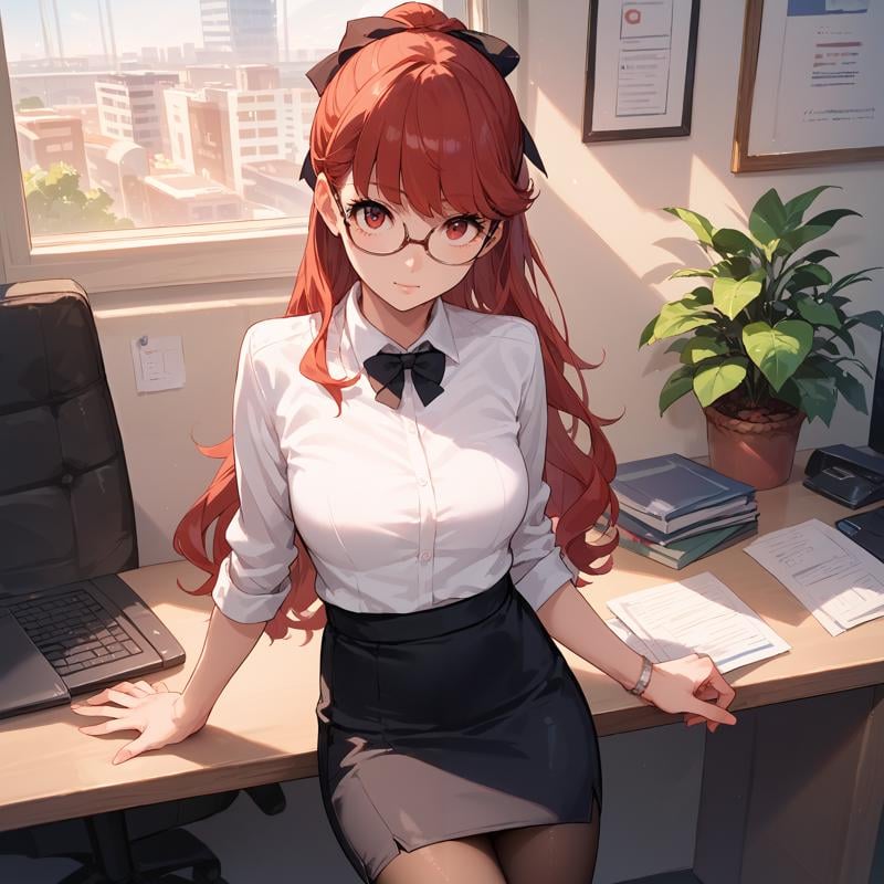 score_9, score_8_up, score_7_up, score_6_up, BREAK source_anime, look at viewer, indoors, 1girl, solo,  masterpiece, best quality, high detailed skin,   yoshizawa kasumi, office lady, white collared shirt, pencil skirt, pantyhose, glasses, office, indoors, bowtie,