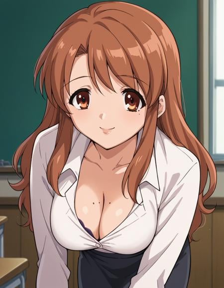 score_9, score_8_up, score_7_up, source_anime,mikuruasahina,  <lora:mikuru-asahina-s1-ponyxl-lora-nochekaiser:1>,mikuru asahina, long hair, brown hair, brown eyes,shirt, cleavage, jewelry, mole, bracelet, mole on breast, skirt, mature female, black skirt, collared shirt, long sleeves,indoors, classroom, bent over, smile,looking at viewer, dutch angle, cowboy shot, solo,