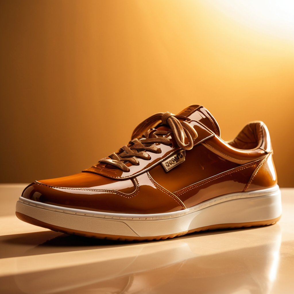 a sneaker with flowing glossy caramel and warm amber tones,  soft golden light,  rich indulgent premium mood by HanselCraf...