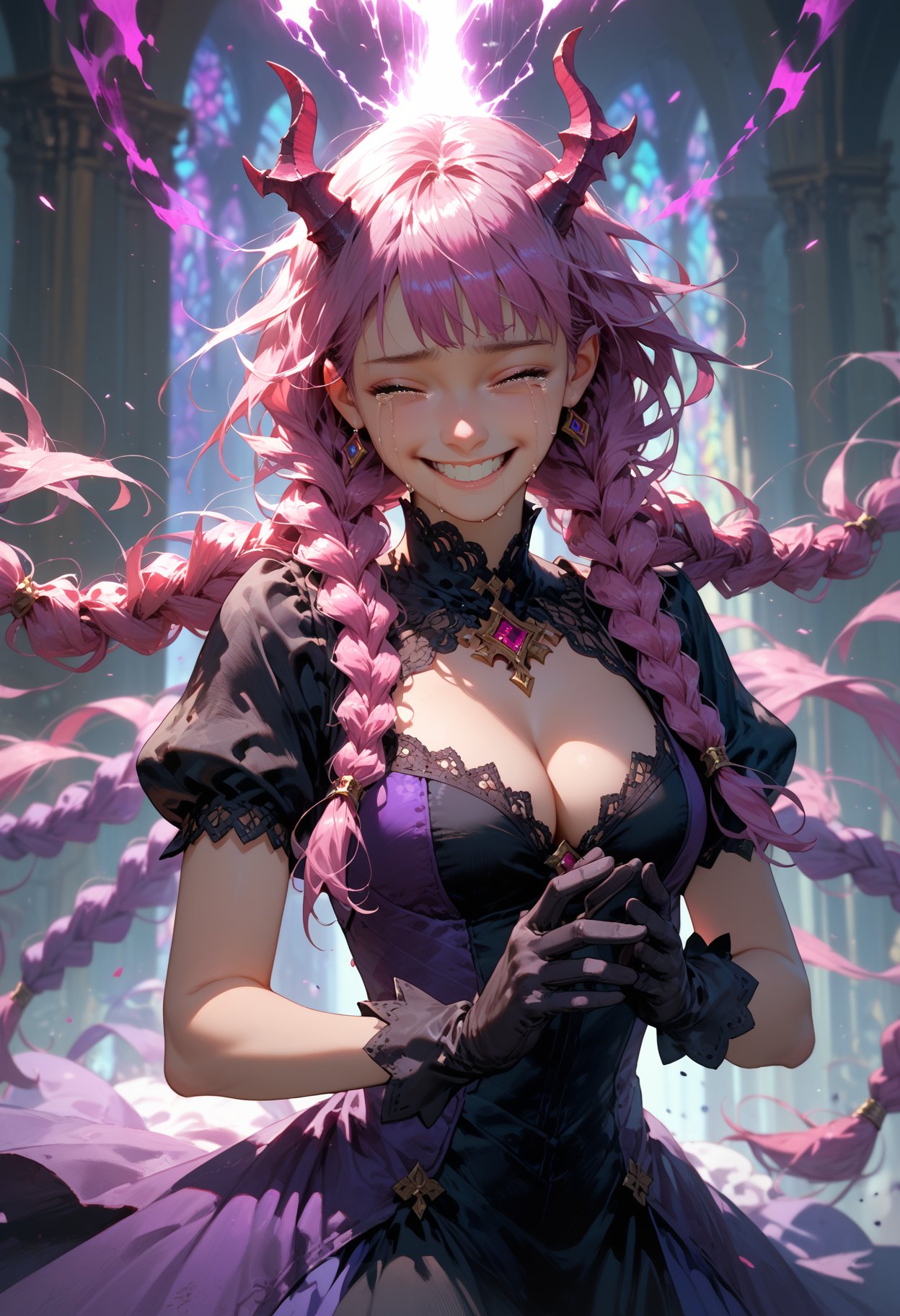 1girl, aura the guillotine, black gloves, cleavage, crying, dress, gloves, horns, long hair, pink hair, purple hair, smile, solo, twin braids, score_9,score_8_up,score_7_up,masterpiece,best quality,8k,