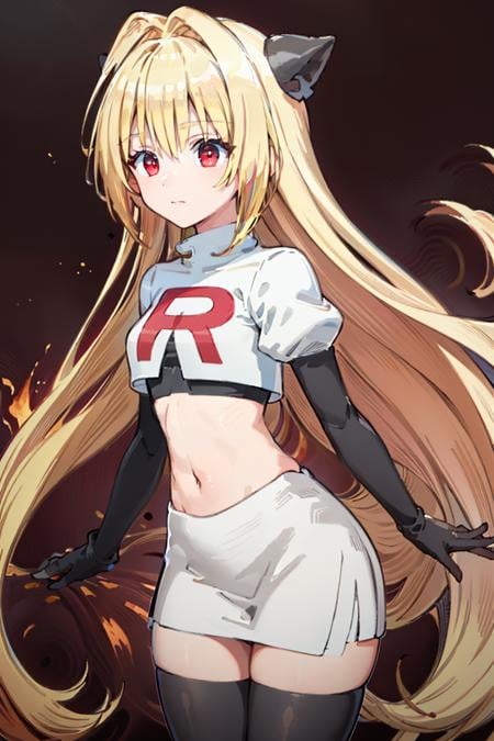 <lora:Cosplay_TeamRocket_v2:0.8>, ((masterpiece,best quality)), Cosplay_TeamRocket, white jacket, cropped jacket, white skirt, elbow gloves, black thighhighs, zettai ryouiki,  (finely detailed beautiful eyes: 1.2), phyami, yaminor, 1girl, solo, blonde hair, long hair, red eyes, very long hair, <lora:yami-v1:1.0>,