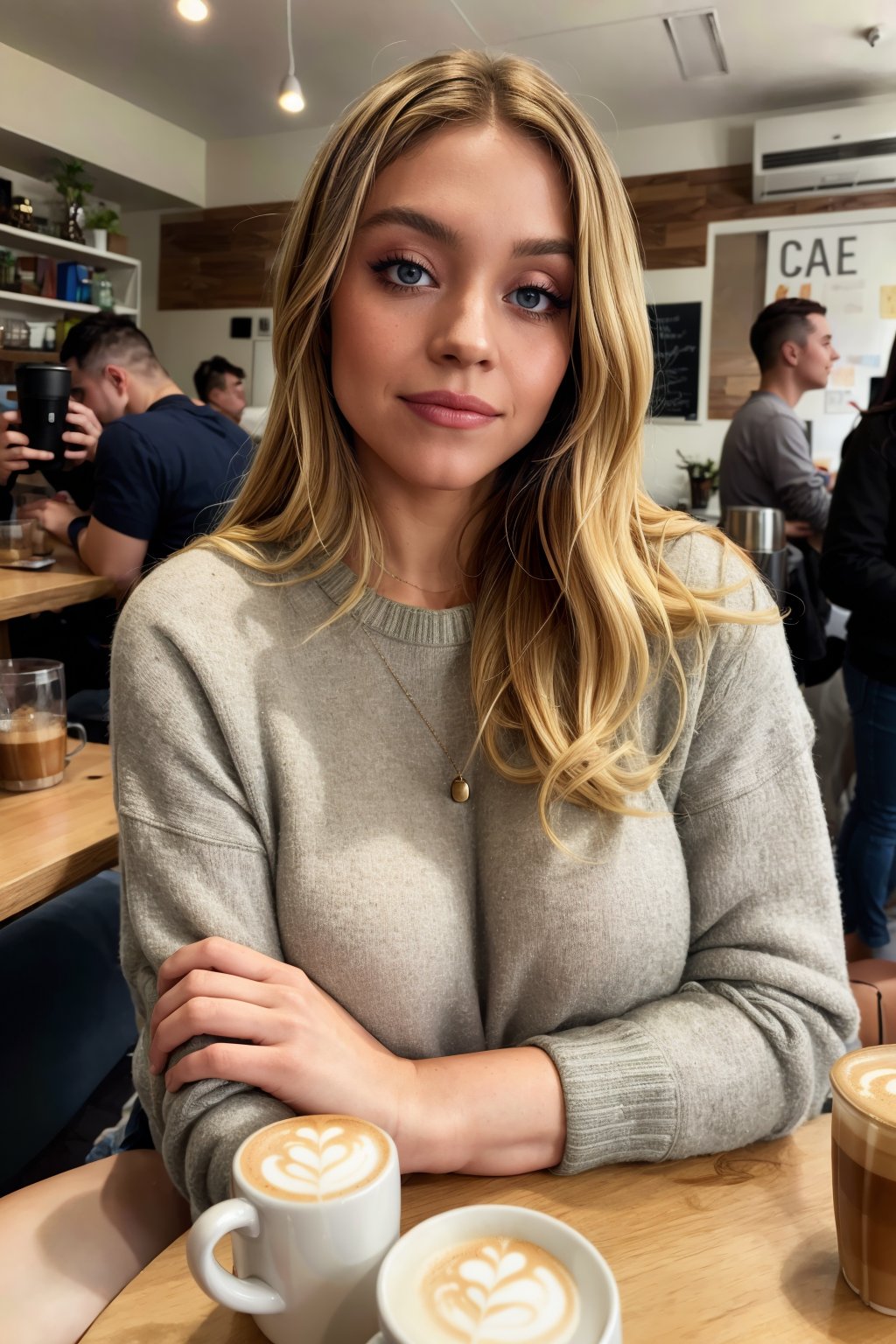 (photograph of Sydney,  in sweater, in cafe, with coffee, small smile), ((looking at viewer)) <lora:Sydney Sweeny:0.8> <lora:add_detail:0.7>