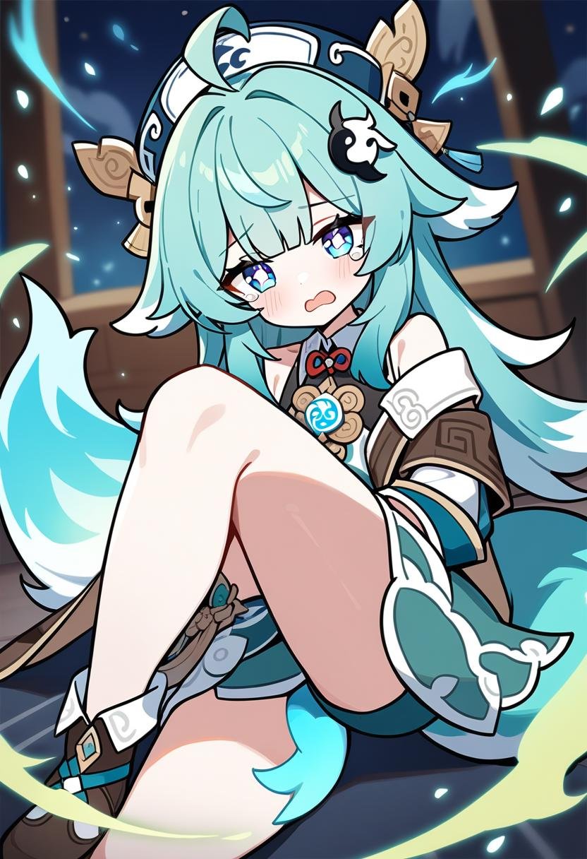 1girl, huohuo /(honkai: star rail/), honkai: star rail, ahoge, dutch angle, fiery tail, fox girl, fox tail, hat, paw-shaped pupils, symbol-shaped pupils, tail, tearing up, sitting, knee up, yin yang hair ornament, looking at viewer,masterpiece, best quality, very aesthetic, absurdres,