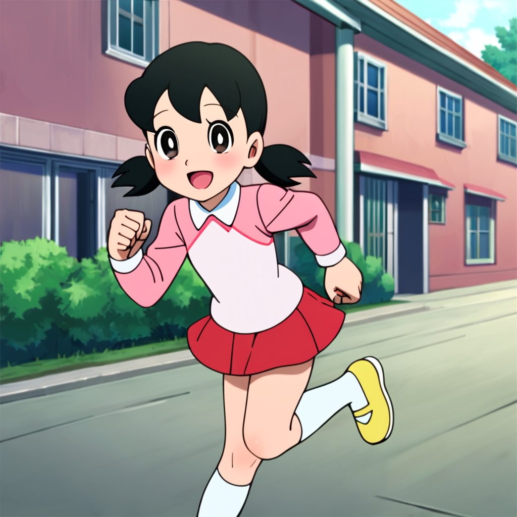 score_9, score_8_up, score_7_up, score_6_up, score_5_up, score_4_up, source_anime,minamoto shizuka,1girl, solo, skirt, outdoors, black hair, socks, white socks, twintails, red skirt, shoes, smile, shirt, open mouth, black eyes, pink shirt, looking at viewer, short twintails, kneehighs, collared shirt, long sleeves, :d, day, bright pupils, white pupils, house, low twintails, short hair, running, yellow footwear, blush, masterpiece, perfect face, best quality, beautiful eyes, shiny eyes, anime coloring, anime screencap, absurdres, outdoors,<lora:minamoto shizuka auti 923 1:0.8>