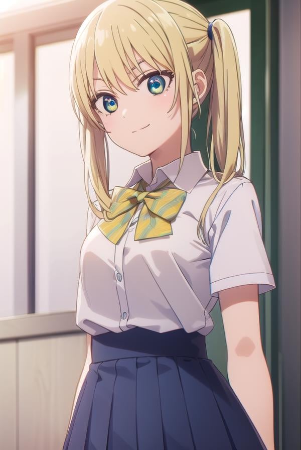 rikahoshizaki, <lora:rika hoshizaki s2-lora-nochekaiser:1>,rika hoshizaki, (green eyes:1.3), blonde hair, twintails, smile,BREAK skirt, shirt, bow, school uniform, white shirt, short sleeves, pleated skirt, bowtie, blue skirt,BREAK indoors, classroom,BREAK looking at viewer, (cowboy shot:1.5),BREAK <lyco:GoodHands-beta2:1>, (masterpiece:1.2), best quality, high resolution, unity 8k wallpaper, (illustration:0.8), (beautiful detailed eyes:1.6), extremely detailed face, perfect lighting, extremely detailed CG, (perfect hands, perfect anatomy),